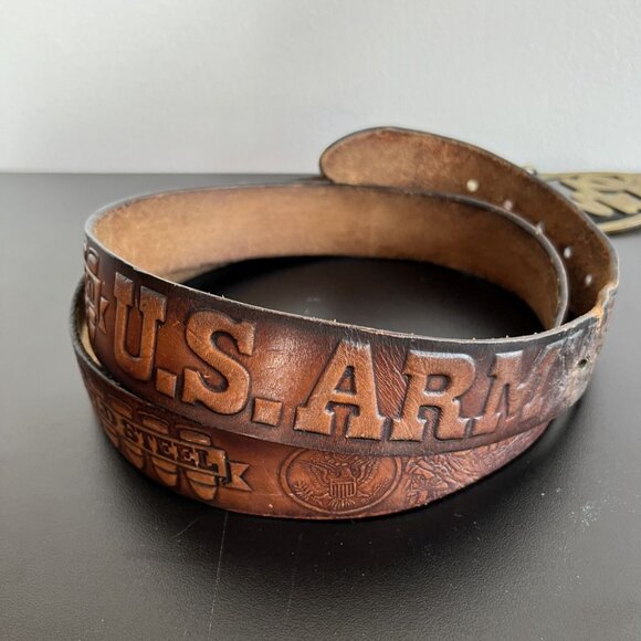 vintage 70s belt brown tooled leather U.S. ARMY cold steel brass CHRIS buckle XL - Picture 13 of 15